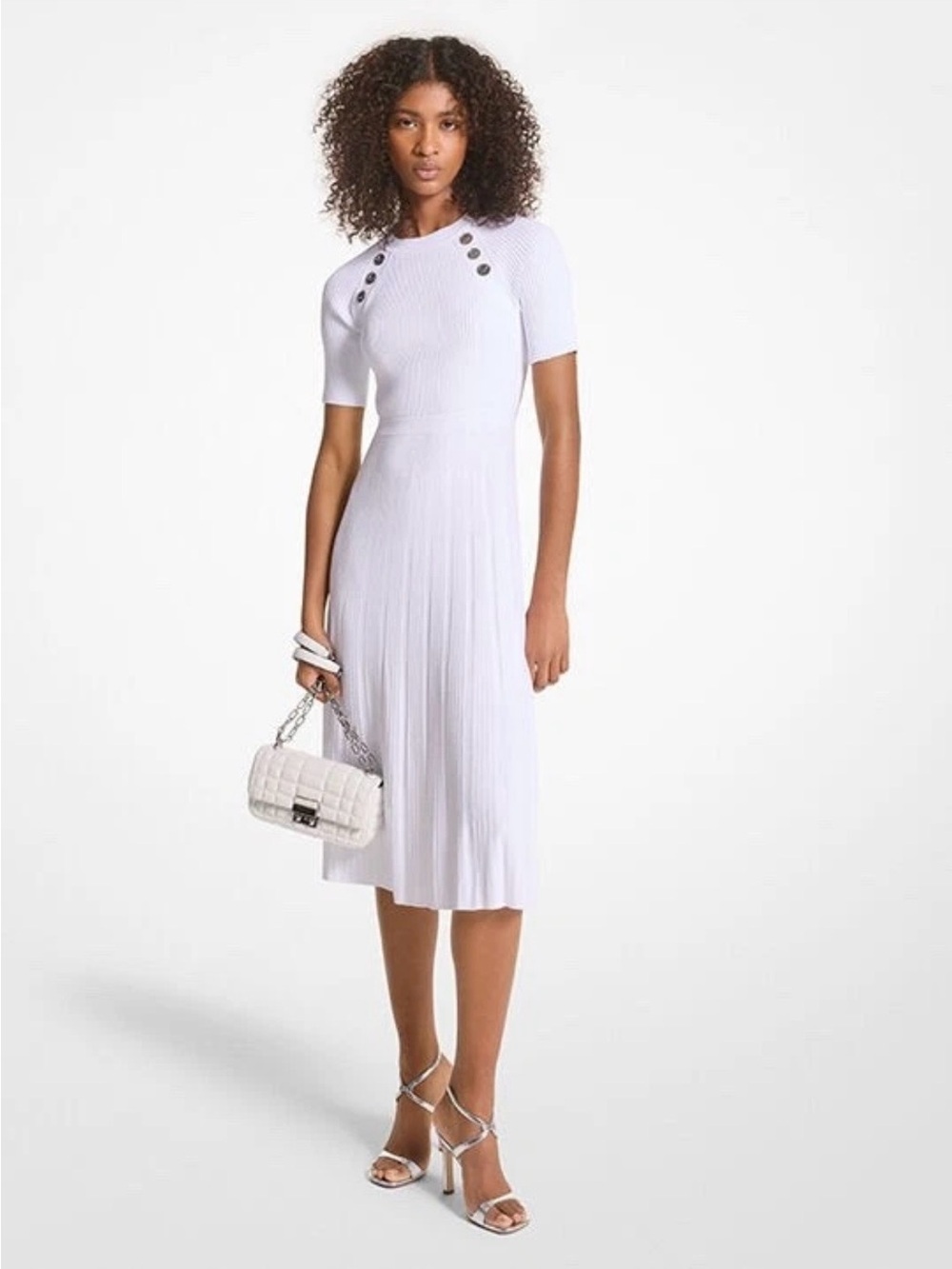 Michael Kors White Short-Sleeve Pleated Midi Dress with Button Detail